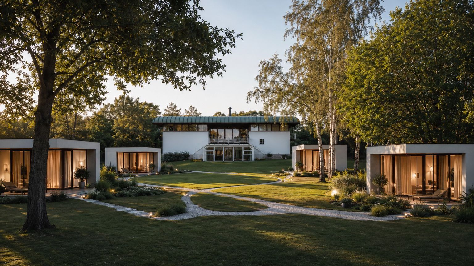 Visualisierung des Boutique-Retreats mit der historischen Spalt Villa und vier modernen Tiny Houses im Park